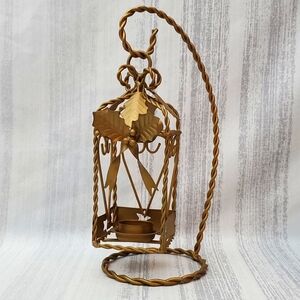 Lantern Luminary Candle Holder Holly Berry Heart Christmas Gold Tone Metal